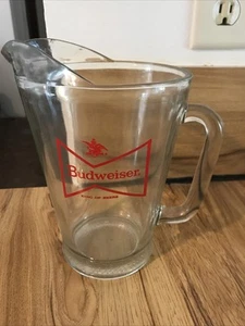 Budweiser Clear Heavy Glass Draft Beer Pitcher Red Label Barware Dimpled Bottom - Picture 1 of 2