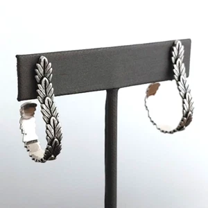 Silver Tone Overlapping Leaves Earrings Hoop Shape Posts Shiny Nature 1 3/8” - Picture 1 of 7