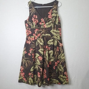 Jones New York Petite Womens 14P Sleeveless Brown Floral A-Line Pleated Tropical - Picture 1 of 20