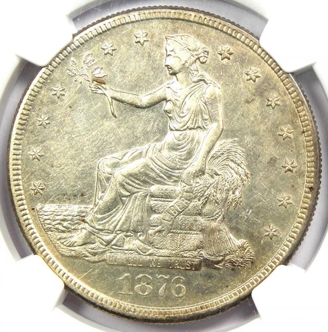 1876-S Trade Silver Dollar T$1 Coin. Certified NGC Uncirculated Detail (UNC MS) Cover