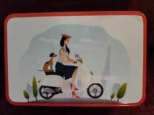 Massily Hinged Tin Woman Scooter Dog Paris Eiffel Tower France - Picture 1 of 6
