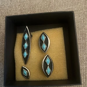 Mens Diamond Turquoise CUFFLINKS Costume Vintage Jewelry Tie Tack Clip 4 Set - Picture 1 of 4