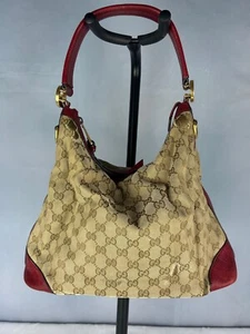 Authentic Vintage Gucci GG Hardware Red Leather Beige Canvas Fabric Hobo Bag - Picture 1 of 18