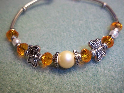 Tibetan Silver Fashion YELLOW Glass Pearl & ORANGE Crystal Bead Bracelet J-50 - Image 1 of 4