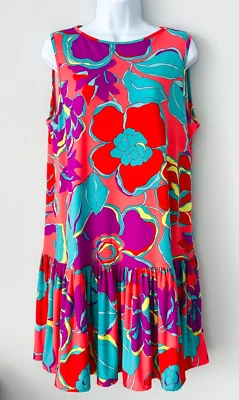 💕NUEVO CON ETIQUETAS $168 Vestido Trina Turk Sin Mangas Para Mujer Volantes Dobladillo Grande Volantes L Foto 1 de 4