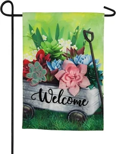 "Vagón galvanizado con suculentas 14L8897 lino de hoja perenne bandera de jardín 12,5"" x 18" - Imagen 1 de 4