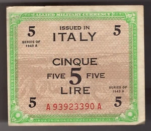 1943 A Italy 5 Lire WWII Allied Military Currency, Pic# M18 - Picture 1 of 2