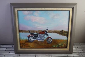 3D Wall Art, Motorcycle, Oil Painting Harley Davidson Bike Canvas Framed 23x18 - Picture 1 of 7