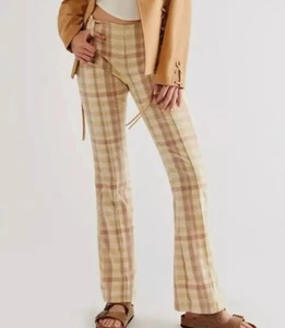 Free People Linen Blend Plaid Check Flared Trousers in Multi Beige UK 12 US 8 - Picture 1 of 2