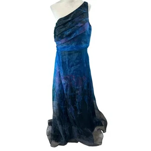Rene Ruiz Collection Blue Organza Gown One Shoulder Pleated Formal Wedding Sz 14 - Picture 1 of 6