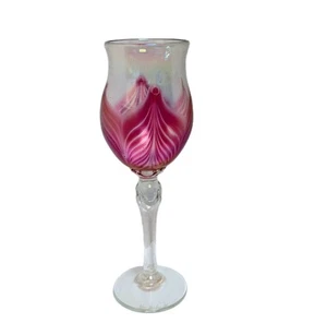 John Barber schillernder gezogener Feder Kunstkelch Glas Stielglas signiert 1990 9 Zoll - Bild 1 von 7