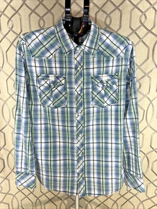 BKE Slim Fit Medium Mens Western Pearl Snap Shirt Blue Plaid L/S - Picture 1 of 10