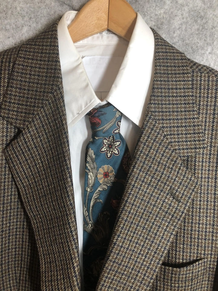 Blazer Nordstrom Masculino 46L Marrom Azul Houndstooth Casaco Esportivo de Lã Feito nos EUA - Imagem 1 de 4