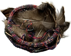 Handwoven Feather Hanging Basket Multicolor Yarn & Natural Feathers Used READ - Picture 1 of 7