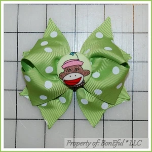 BonEful RTS NEW Girl Boutique Hair*Bow Ribbon Green White Dot Sock Monkey Fabric - Picture 1 of 7