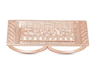 Mens Two Finger Rectangular Last Supper Ring 14K Solid Rose Gold - Image 1 of 4