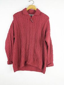 Arancrafts Ireland Merino Wool Cable Knit Sweater Red Quarter Zip Medium