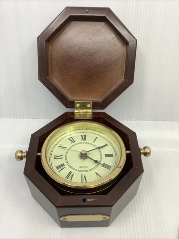 1994 Bombay Company Nautical Ship Swivel Clock Gimbal Dial Mahogany & Brass Box Cover