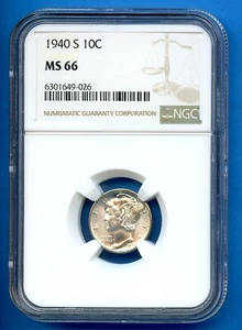 1940 S NGC MS66 Mercury Dime 10c US Mint Silver Coin 1940-S MS-66 - Picture 1 of 3