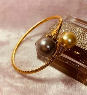 Brazalete Ajustable Amarillo Marrón PERLA CONCHA ACERO INOXIDABLE Piedras Doradas Foto 1 de 4