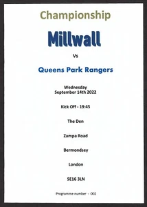 MILLWALL v QUEENS PARK RANGERS 14.09.22 CHAMPIONSHIP MATCH PROGRAMME - Picture 1 of 3