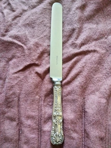 Tiffany English King Sterling Blunt Blade Luncheon Knife w/Mono 9 1/4" PAT1885M Cover