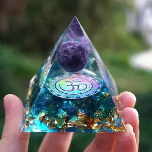Handmade Ohm Amethyst Sphere Blue Quartz Orgone Pyramid 50MM - Picture 1 of 6