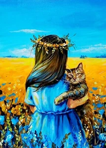 Ukrainian Patriotic Acrylic Painting – Woman with Cat, Blue and Yellow Artwork - Picture 1 of 8