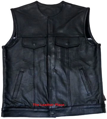 MEN'S SON OF ANARCHY COLLARLESS LEATHER MOTORCYCLE VEST 2 GUN POCKETS INSIDE - Image 1 of 4