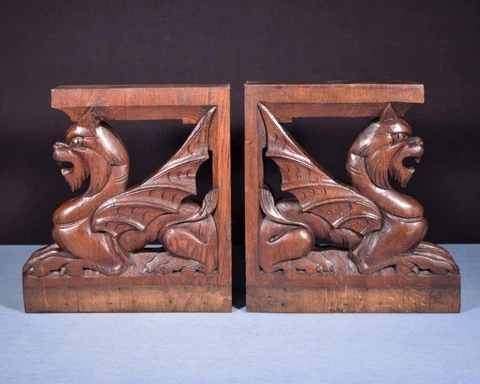 *French Antique Solid Oak Wood Statues/Pedestals with Griffins Salvage Cover