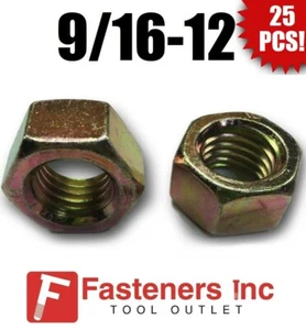 (Qty 25) 9/16-12 Grade 8 Finish Hex Nuts Yellow Zinc Plated Hardened - Picture 1 of 2