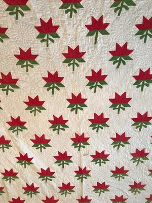 复古绿色红色枫叶手工缝制被子 84 x 76 英寸 — 第 1/4 张图片