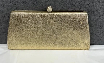 Vintage 60s Handbag Purse Clutch Bag Gold Evening Party Bag Flower Snap Closure - Image 1 of 4