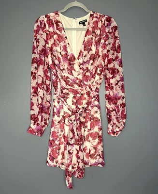 Express Romper Womens M Pink Floral Surplice Long Sleeve Tie Waist Valentine - Image 1 of 4