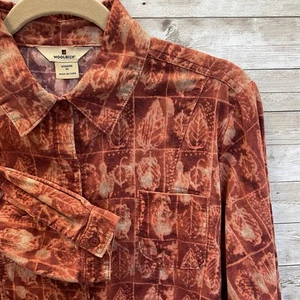 Woolrich Womens M Shirt Rust Leaf Print Micro Wale Corduroy Button Front Cotton - Picture 1 of 8