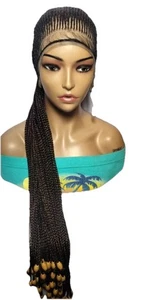 Brown Braided Wig Cornrow Braids with Beads. Full Lace Baby Hair Lemonade Braids - Picture 1 of 16