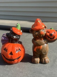 2 Vintage Gurley Halloween Kerzen schwarze Katze innen Kürbis / Bär mit Kürbis - Bild 1 von 16