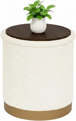 White Boucle Storage Ottoman Round Folding Footrest with Reversible Tray Lid - Image 1 of 4