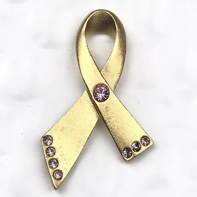 AVON Pin Brooch Gold Pink Ribbon Awareness Rhinestone Decorative Collectible - Image 1 of 4