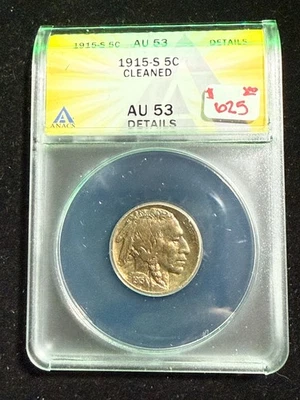 1915 S BUFFALO NICKEL ANACS AU 53 DETAILS CLEANED - Image 1 of 4