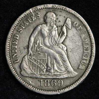1869-S Seated Liberty Silver Dime XF+ E306 KCPR - Image 1 of 2