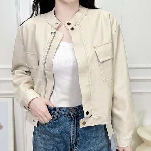 OFF WHITE Giacche moto stile americano donna pelle PU supporto zip colletto cappotti corti