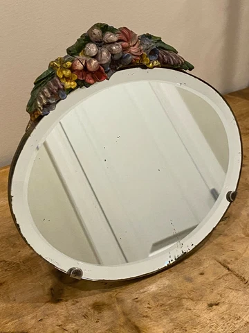 Antique Oval Beveled Barbola Mirror with Easel Cover