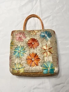 Floral Straw Design Handbag Embroidered Tote Trendy Magnetic Closure The Limited - Picture 1 of 10