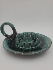 VTG  Canuck Candlestick Candle Holder Art Pottery Evangeline Drip Glaze Green - Foto 1 di 7