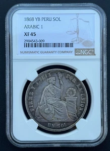 1868 YB PERU Silver UN SOL, Arabic 1 NGC XF-45, Very Nice Problem Free Coin - Picture 1 of 5
