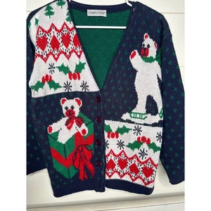 Cabin Creek Vintage Holiday Christmas Bear Cardigan Button Down Sweater Size MED - Picture 1 of 2