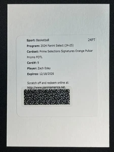 ZACH EDEY /30 ROOKIE FOTL ORANGE PULSAR PRIZM AUTO AUTOGRAPH 2024-25 SELECT #9 - Picture 1 of 2