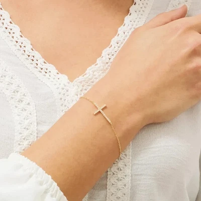 3Ct Round Real Moissanite Christian Cross Bracelet 14K Yellow Gold Plated Silver - Image 1 of 4