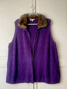 Liz Claiborne Damen Pullover Weste 2X Zopfmuster Reißverschluss Kunstfellkragen Lila " - Bild 1 von 7